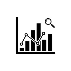 Professional data analysis icon featuring combined bar and line charts with a magnifying glass for deep insight discovery