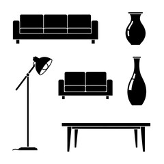 Modern minimalist living room furniture set featuring sofas, floor lamp, coffee table, and decorative vases for interior design concepts