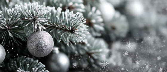 frosted pine branches with snow christmas background 