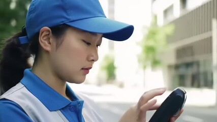 Delivery worker with mobile payment device.