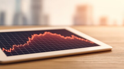 A tablet displaying a financial graph with a rising trend, set against a blurred city backdrop.