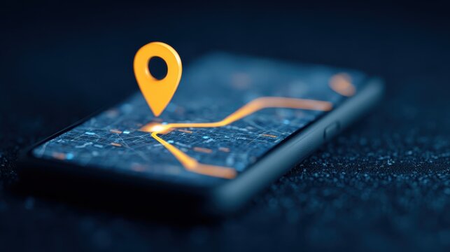 A smartphone displaying a navigation map with a bright yellow location pin, symbolizing digital mapping and location services. - Powered by Adobe
