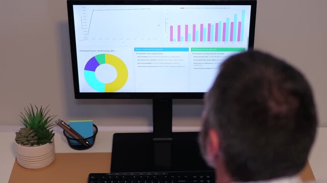 Middle Aged Business Analyst Reviews Clean Energy Conversion Executive Report from Home Office - Green Power Long Term Savings Concept