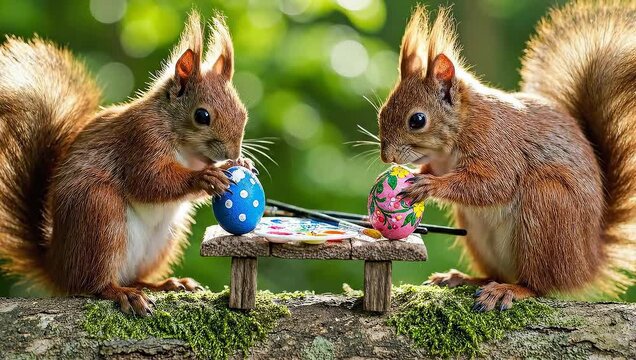 Two squirrels painting Easter eggs on a miniature wooden table.