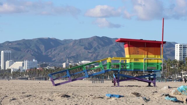 Rainbow Lifeguard Stand With Clouds And Hills