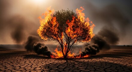 Tree ablaze with vibrant orange flames and dark smoke on cracked dry land. Wildfire disaster and global warming concept.