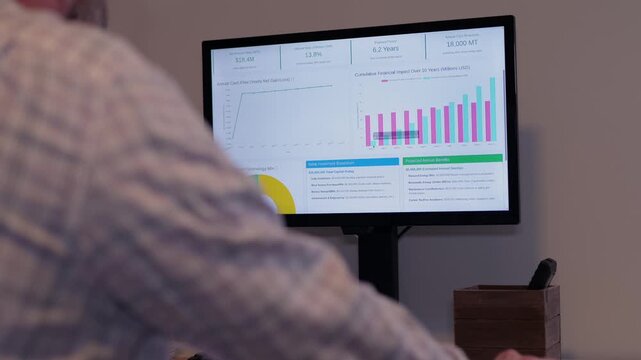 Middle Aged Business Analyst Reviews Clean Energy Conversion Executive Report from Home Office - Green Power Long Term Savings Concept