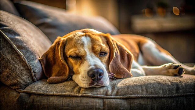 A beagles sweet slumber curled up on a wornout couch, lost in a gentle snore and a relaxed expression