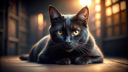 A sleek and mysterious black feline takes a serene afternoon rest