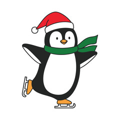 A Cute Christmas penguin ice skating vector illustration, penguin with Santa Claus hat,