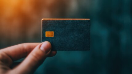 A hand holding a sleek, dark credit card against a blurred background, illuminated by warm light.