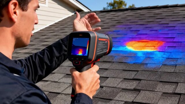 Technician conducting infrared thermography survey on residential roof capturing thermal images for energy loss and insulation efficiency analysis.