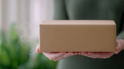 A person holds a brown package, with digital hexagonal graphics floating nearby, suggesting technology or delivery services in a modern setting.