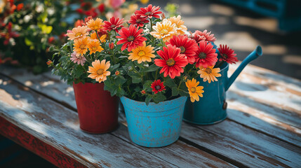 Three potted plants sit on a wooden table, each in a different colored metal container. The plants are full of bright, colorful flowers, creating a cheerful and inviting atmosphere