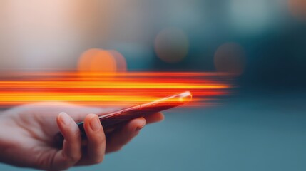 A hand holds a smartphone with motion blur, symbolizing speed and connectivity in the digital age.