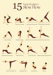 15 Yoga poses or asana posture for workout in slow flow concept. Women exercising for body stretching. Fitness infographic. Flat cartoon vector.