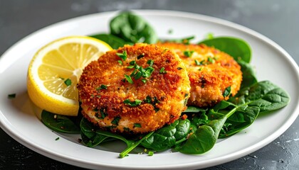 Two crab cakes on spinach with lemon