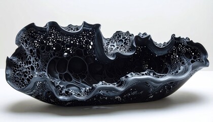 Black porous sculpted bowl vessel