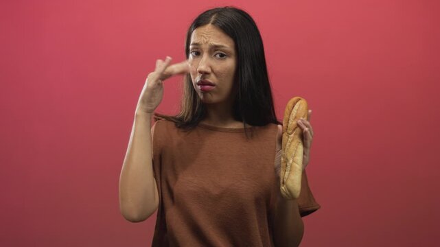 Hispanic young brunette woman pinching nose and holding baguette in pink studio with grimace; disgust aversion.