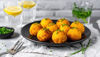 Golden balls on plate, with beverages