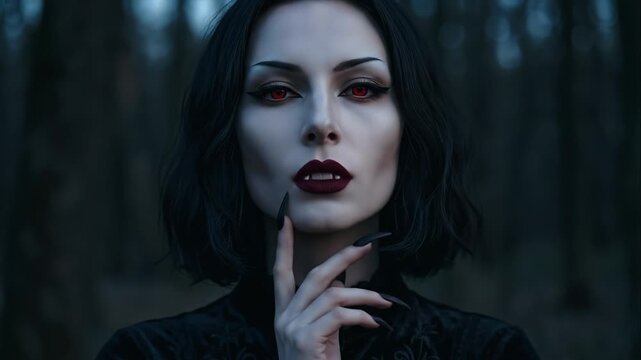 Realistic Vampire Woman Touching Face with Long Black Nail while Eyes Turn Red - Cinematic Close-Up