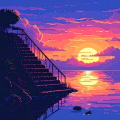 Pixelated stairs lead to a sunset lake