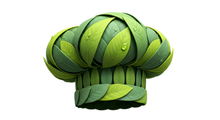 Chef hat made entirely of green leaves with water droplets isolated on transparent background