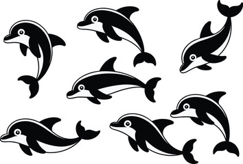 Black and white cartoon dolphins in dynamic swimming poses, playful marine animal vector set for ocean themes, kids decor, clipart, and educational use