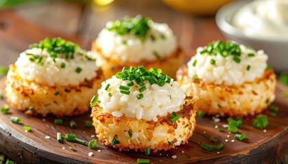 Appetizing rice cakes with green garnish