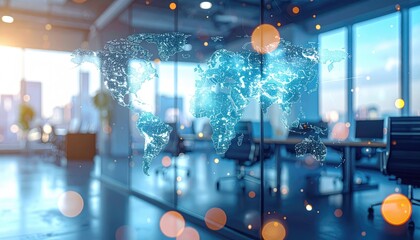 Glowing world map in office space