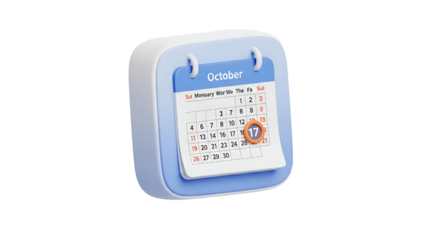 3d icon of a calendar showing the month october with date 17 isolated on transparent background