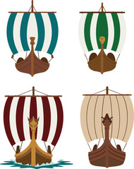 dragon figurehead sailboats, Norse maritime vector set, historical boat icons, ancient sea travel design pack,
