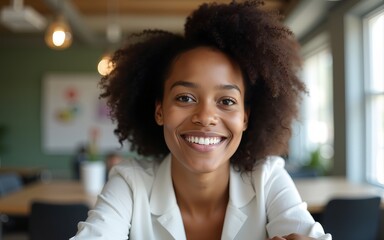 Close up headshot portrait picture of happy african american businesswoman sitting by table. Smiling attractive young diverse woman mentor looking at camera in coworking office. High quality