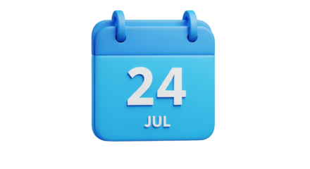 3d blue calendar icon showing the date july twenty fourth isolated on transparent background