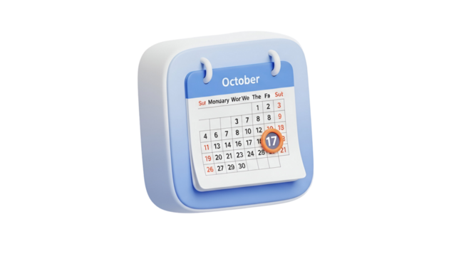 3d icon of a calendar showing the month october with date 17 isolated on transparent background - Powered by Adobe