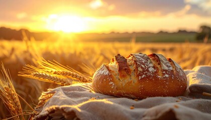 Golden bread in wheat field at sunset