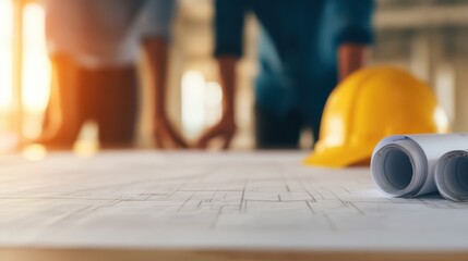 A construction scene featuring blueprints on a table, with a hard hat and two people discussing plans in a well-lit environment.
