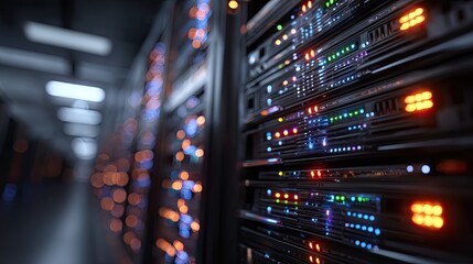 A close-up view of server racks illuminated by colorful lights, showcasing a high-tech data center environment.