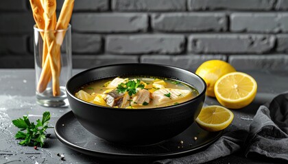 Hearty fish soup with lemon and bread