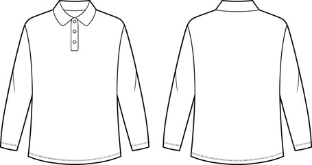 Technical flat sketch of polo shirt, long sleeve button placket curved hem design, fashion template, garment construction drawing, apparel illustration, vector outline