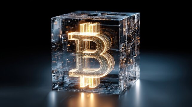 A glowing Bitcoin symbol encased in a transparent cube, showcasing modern digital currency concepts with a sleek, futuristic design. - Powered by Adobe