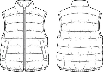Technical flat sketch of puffer vest, sleeveless high collar quilted design, fashion template, garment construction drawing, apparel illustration, vector outline, side pockets