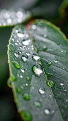 Raindrops on a vibrant green leaf