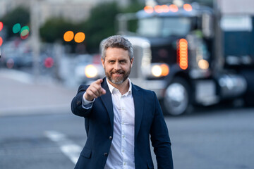 Successful businessman leader point finger. Ambitious businessman in suit. Business boss man portrait. Successful business and leadership. Business entrepreneur success. Mature businessman outdoor