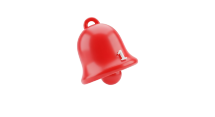 3d render of a red notification bell icon with the number one isolated on transparent background