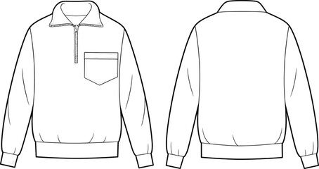 Technical flat sketch of pullover sweatshirt, half zip stand collar chest pocket design, fashion template, garment construction drawing, apparel illustration, vector outline