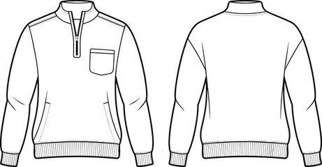 Technical flat sketch of pullover sweatshirt, quarter-zip stand collar design, chest and side pockets, fashion template, garment construction drawing, vector outline, ribbed hem
