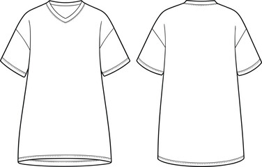 Technical flat sketch of short sleeve t-shirt, V-neck and round-neck design, fashion template, garment construction drawing, apparel illustration, vector outline, seam details