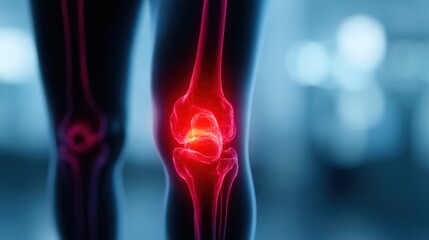 A glowing anatomical representation of a knee joint, highlighting inflammation or pain in the area, set against a blurred background.
