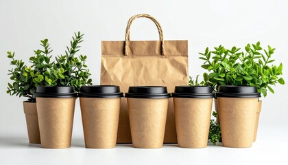 Coffee cups, bag, & plants on white